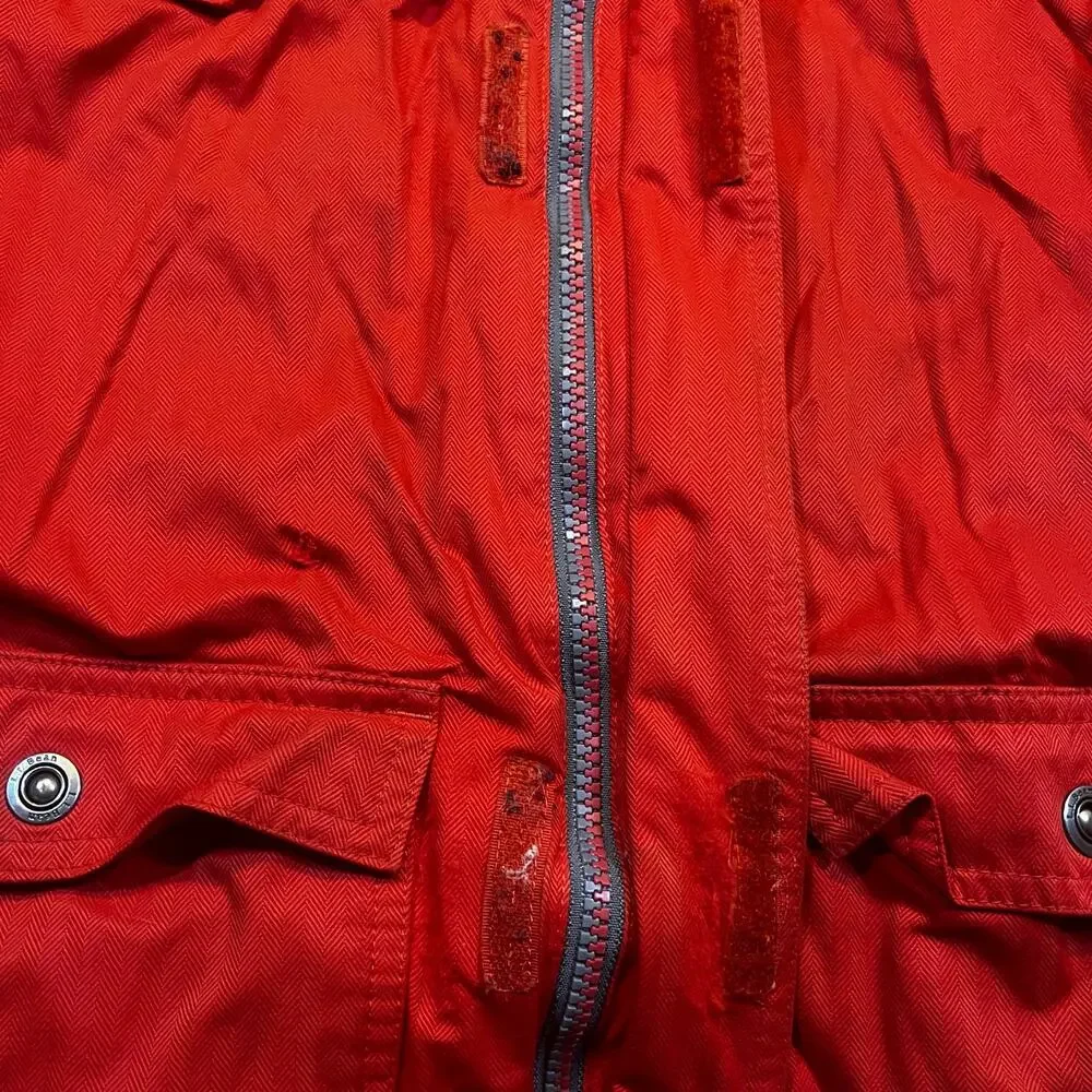 L.L. Bean Boys Hooded Winter Parka Red Orange Plaid Lined‎ Jacket Size L 14-16